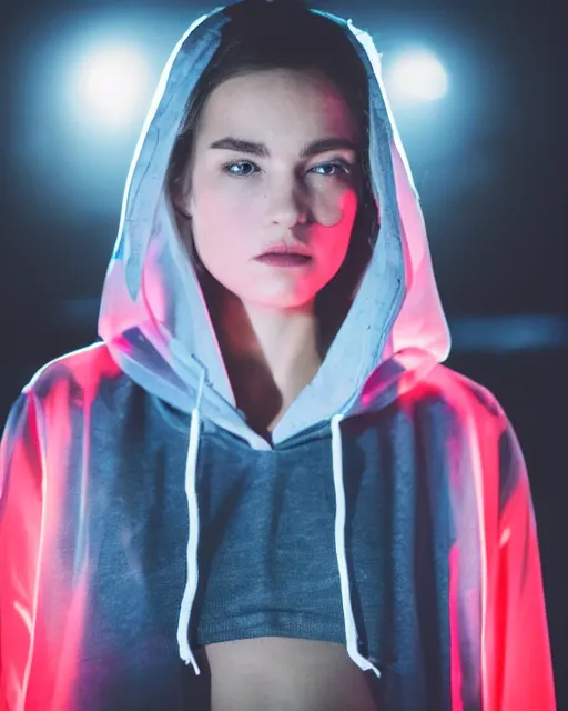 Image similar to a closeup portrait of as beautiful young woman wearing a transparent wet hoody standing in the middle of a busy night road, with lots on neon lights on the background, very backlit, moody feel, dramatic