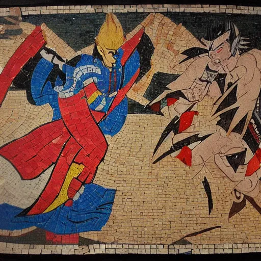 Prompt: dream Kuze fighting Kiryu, medieval mural, mosaic