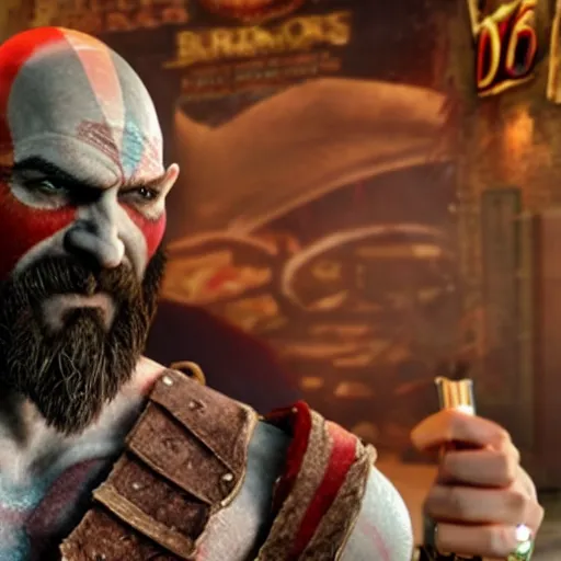 Image similar to kratos from god of war ordering a burger and a soda