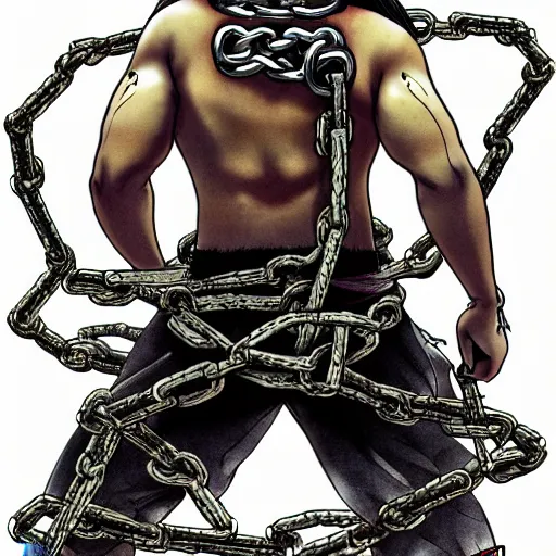 Prompt: A FULL BODY PORTRAIT FROM BEHIND OF MADARA UCHICHA ,THE MAN KEEPS A KUSARIGAMA AND IT IS WRAPPED IN CHAINS ,detailed, concept art, ink style , sketch