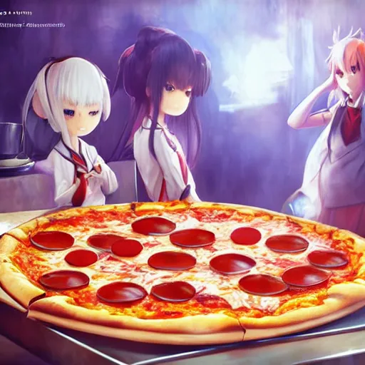 Prompt: pizza with aspirin toppings, anime fantasy illustration by tomoyuki yamasaki, kyoto studio, madhouse, ufotable, square enix, cinematic lighting, trending on artstation