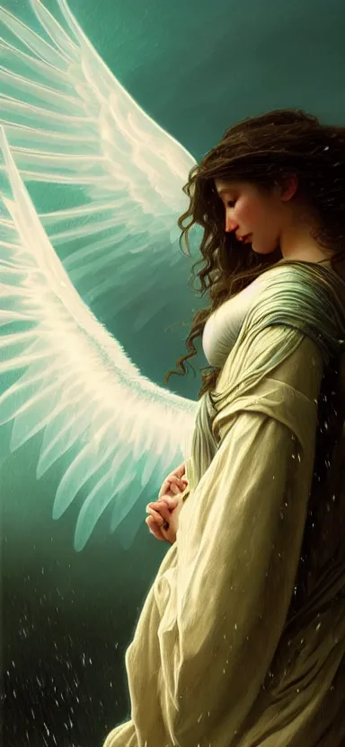 Prompt: angel, big wings, hudson river school, low key light, full plate armor with cloth, f 1 6, bokeh, extreme close up portrait, gentle, female, snowy mountain, storm clouds, god rays, landscape, d & d, fantasy, elegant, teal pink white gold color palette, concept art, artgerm and greg rutkowski and alphonse mucha