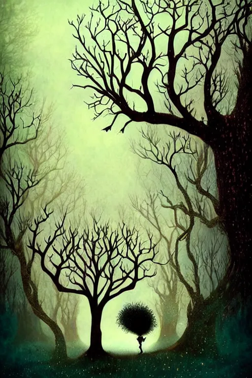 Image similar to surreal, fantasy, fairytale animals, ancient oak tree, haunted woods in silhouettes, by andy kehoe