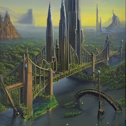 Prompt: by jim burns tranquil, angular. a beautiful land art of a cityscape with tall spires & delicate bridges.