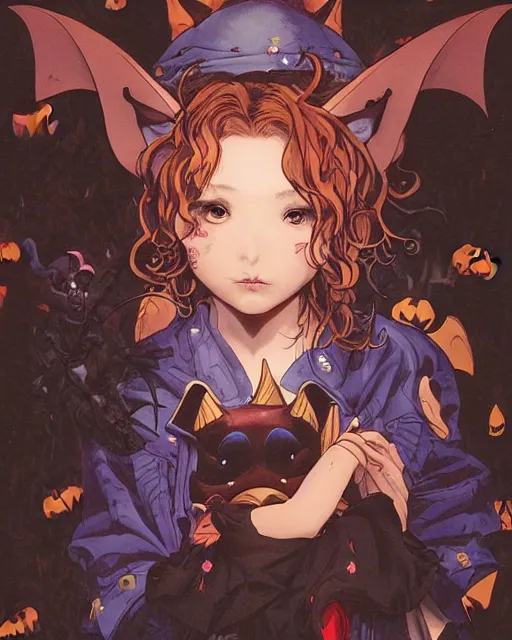 Image similar to a girl in a cute bat costume at a halloween party, full shot, focused, ambient lighting, detailed, art by ayami kojima, makoto shinkai, kilian eng