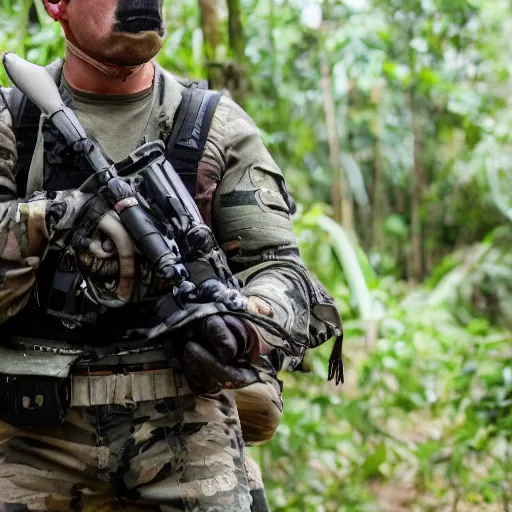 Image similar to close up CSAT Viper Special Forces fighting devastated burning exploding jungle combat photography 2022, Canon EOS R3, f/1.4, ISO 200, 1/160s, 8K, RAW, unedited, in-frame,