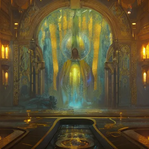 Image similar to a background matte painting for a scifi religious room with chambers of bubbling liquid gold intricate digital painting artstation concept art smooth sharp focus illustration, art by artgerm and greg rutkowski and alphonse mucha