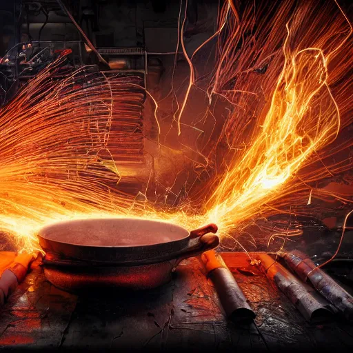 Image similar to red hot frying pan with bacon, tangles of metallic cables, dark messy smoke - filled cluttered workshop, dark, dramatic lighting, orange tint, sparks, plasma charges, cinematic, highly detailed, sci - fi, futuristic, movie still