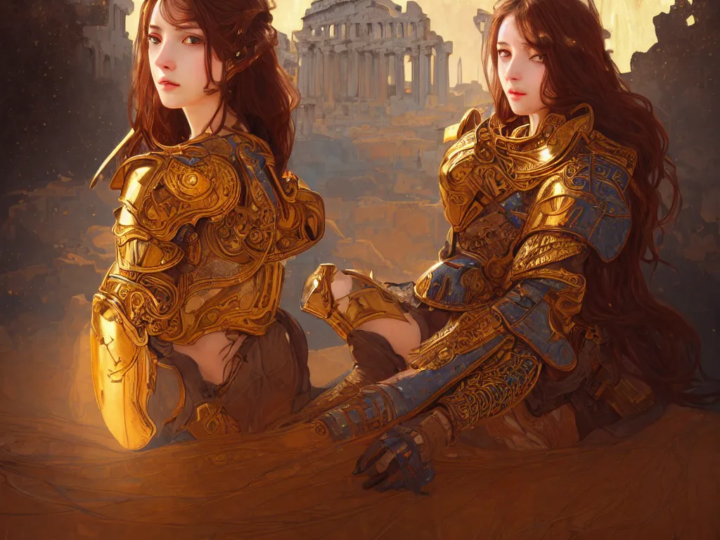 Image similar to portrait brown hair knights of zodiac girl, metalic orange and dark blue reflected armor, in ruined agora of athens, ssci - fi, fantasy, intricate, very very beautiful, elegant, golden light, highly detailed, digital painting, artstation, concept art, smooth, sharp focus, illustration, art by tian zi and wlop and alphonse mucha