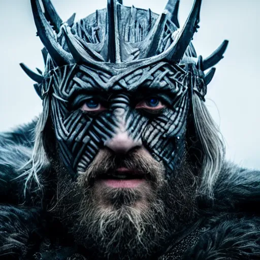 Image similar to profile photo of the night king in a dark viking hood playing odin all father from the thor movie, highly detailed, cinematic shot, cinematic lighting, 8 k, exquisit facial detail