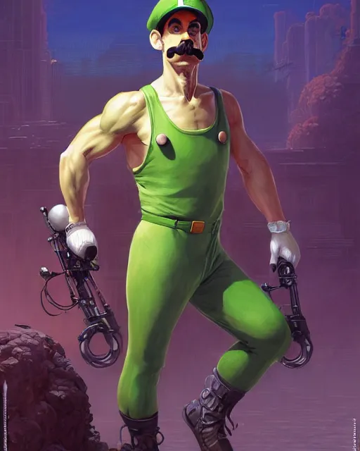 Prompt: luigi in a ensemble, ernest khalimov body by krista sudmalis, fantasy character portrait, ultra realistic, futuristic background by laurie greasley, concept art, intricate details, highly detailed by greg rutkowski, ilya kuvshinov, gaston bussiere, craig mullins, simon bisley