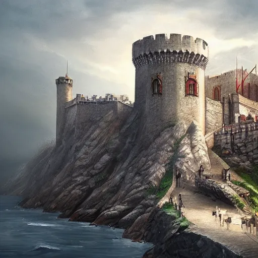 Prompt: a painting of king's landing from game of thrones. artstation. painting. high - quality. extremely detailed castle.