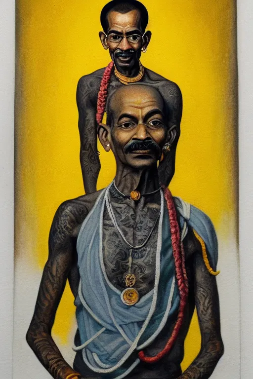 Image similar to full body portrait of wiz khalifa as mahatma gandhi, oil on canvas by william sidney mount, hindu art, great soul, black and yellow, trending on artstation