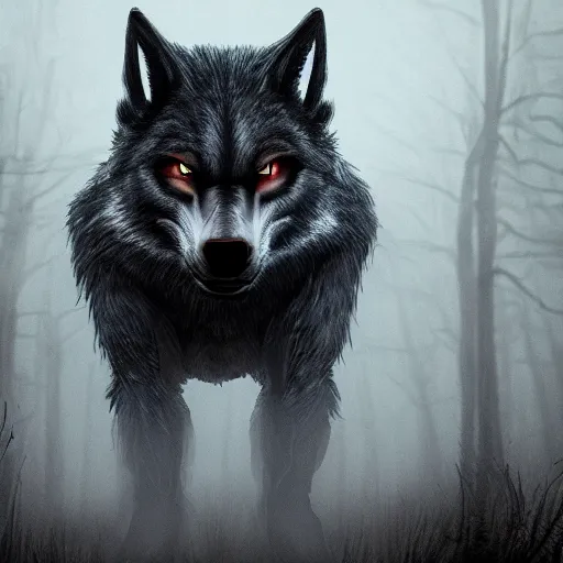 Image similar to Werewolf cinematic, detailed illustration, nature, fog, dark colors, unknown, confusing, 8k,