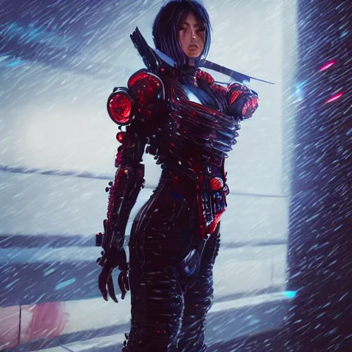 Image similar to An realistic epic fantastic comic book style portrait painting of a female cyber samurai by WLOP, black and reddish color armor, cyberpunk feel raining at tokyo rooftop, Concept world Art, unreal 5, DAZ, hyperrealistic, octane render, cosplay, RPG portrait, dramatic lighting, rim lights