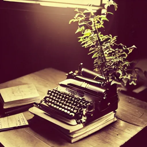 Prompt: 1880, inside a female writer room, Remington typewriter, many plants, many books, piles of books, beautiful light, long shadows, 50 mm lens, crackles, scratches, dust, stains