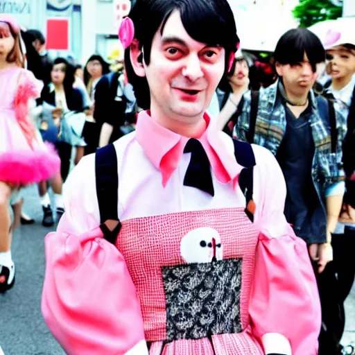 Prompt: martin shkreli in kawaii maid dress at harajuku tokyo street fashion event, photo from vogue magazine