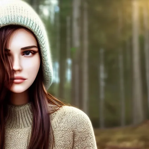 Image similar to real life photo of a beautiful girl, full body photoshoot, long brown hair, brown eyes, full round face, short smile, wool sweater, forest setting, cinematic lightning, medium shot, mid - shot, highly detailed, trending on artstation, unreal engine 4 k, 8 0 mm, 8 5 mm, cinematic wallpaper