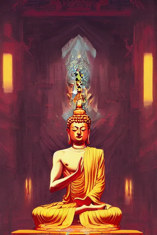 Image similar to temple, buddha, painting by greg rutkowski, j. c. leyendecker, artgerm