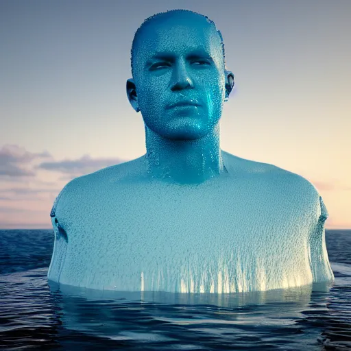 Prompt: a human head sculpture made out of water on the ocean water, cinematic, in the style of chad knight, long shot, hyper detailed, hyper realistic, ray tracing, 8 k resolution, sharp focus, realistic water, award winning