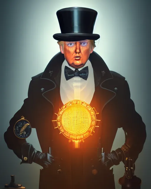 Image similar to steampunk donald trump portrait, handsome, steampunk hat, detective coat, steampunk monocle, complex 3 d render by ilya kuvshinov, peter mohrbacher, greg rutkowski, ryohei hase, dramatic lighting, intricate, highly detailed, sharp focus, luminous, unreal engine, blender, artstation, masterpiece, ray tracing