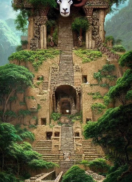 Prompt: an aztec! ruin shaped like a sheep, mysterious jungle painting, elegant intricate digital painting artstation concept art by mark brooks and brad kunkle detailed