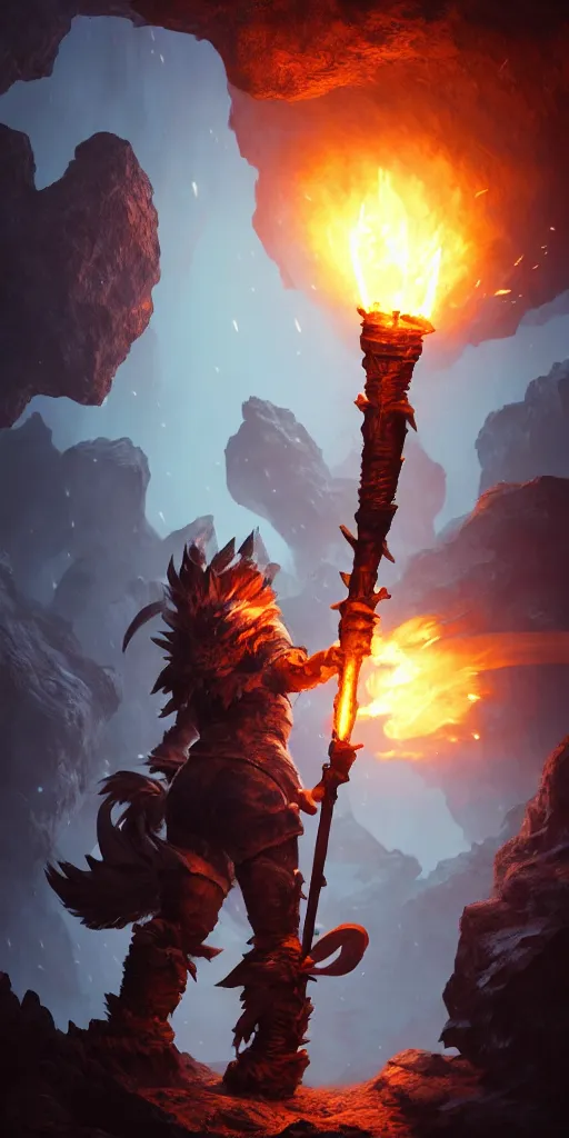 Image similar to a epic hero adventurer holding a torch in a dark cave, fantsy, concept art, artgerm, monster hunter world, 8 k realistic, radiant light, frostbite 3 engine, dof, cryengine, digital art, detailed background