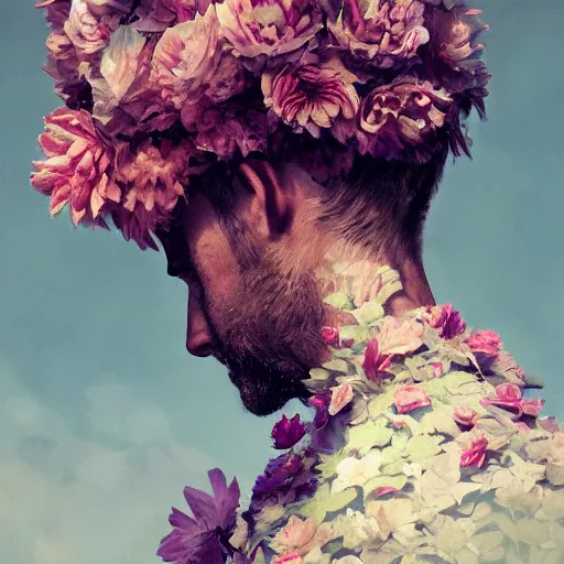 Prompt: a floral man, self - portrait!!!!, beautiful photorealistic imagery, soft lighting, soft atmosphere, 4 k, 8 k, trending on artstation, cgsociety contest winner, illustrated by greg rutkowski and shot by jimmy nelson