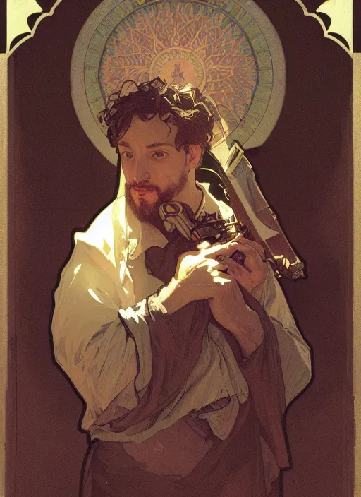 Prompt: the Birth of Sam Hyde, portrait art by alphonse mucha and greg rutkowski, highly detailed, digital painting, concept art, illustration, dim lighting with twilight rays of sunlight, trending on artstation, very detailed, smooth, sharp focus, octane render, close up