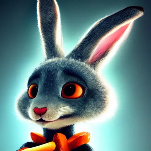 Image similar to portrait of a incredibly cute bunny, eating a carrot, zootopia, cgi, blade runner, cyberpunk background, trending on artstation