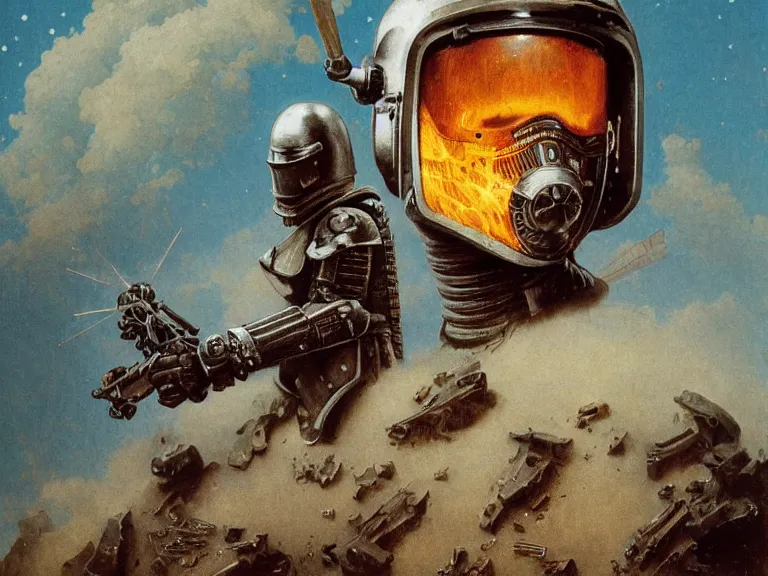 Image similar to a detailed profile painting of a bounty hunter in cloth and metal armour and visor. WW1 cinematic sci-fi poster. Cloth and metal. Welding, fire, flames, samurai Flight suit, accurate anatomy portrait symmetrical and science fiction theme with lightning, aurora lighting clouds and stars. Clean and minimal design by beksinski carl spitzweg giger and tuomas korpi. baroque elements. baroque element. intricate artwork by caravaggio. Oil painting. Trending on artstation. 8k