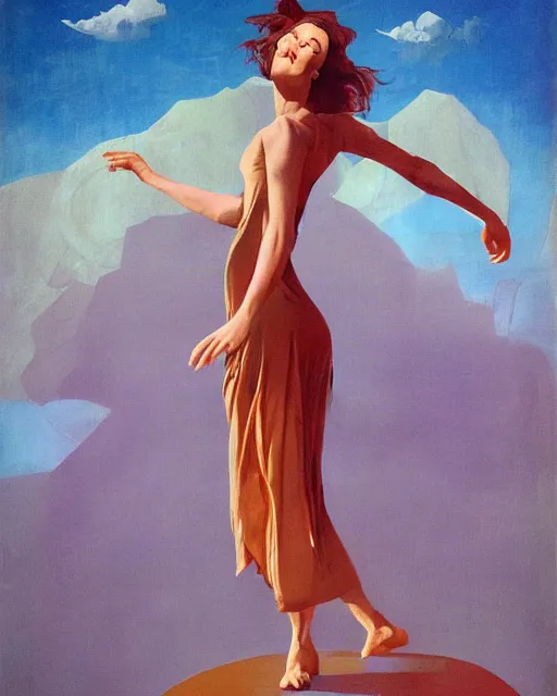 Prompt: portrait of a woman, female figure in maxi dress, sky, thunder clouds modernism, dynamic pose, dance, morning dramatic cinematic light, low poly, low poly, low poly, industrial, soviet painting, social realism, barocco, Frank Frazetta, Dean Ellis, Detmold Charles Maurice, gustav klimt, levitation, movie poster 1993 anime