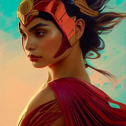 Prompt: lovi poe as darna, volumetric lights, red and cyan theme, art nouveau botanicals, intricate, highly detailed, digital painting, artstation, concept art, smooth, sharp focus, cinematic, illustration, beautiful face, art by artgerm and greg rutkowski and alphonse mucha