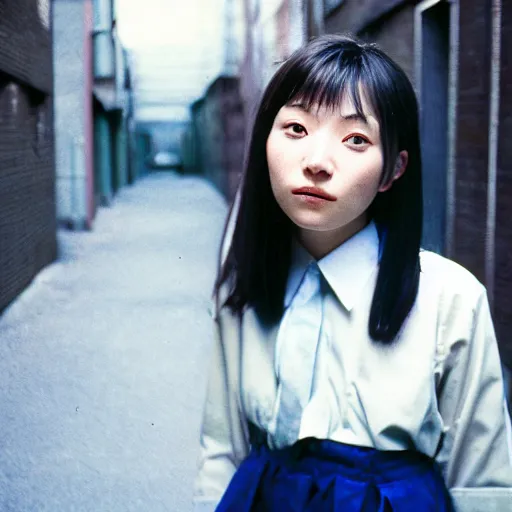 Image similar to 1990s perfect 8K HD professional photo of close-up japanese schoolgirl posing in sci-fi dystopian alleyway, at instagram, Behance, Adobe Lightroom, with instagram filters, depth of field, taken with polaroid kodak portra