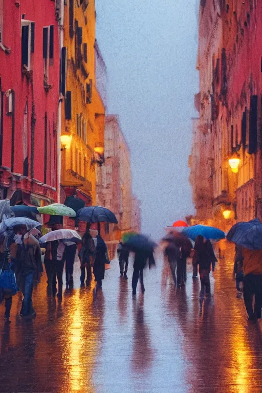 Prompt: crowd of people walking on rainy street at dusk golden hour , hyper-realistic environment, new york , venice