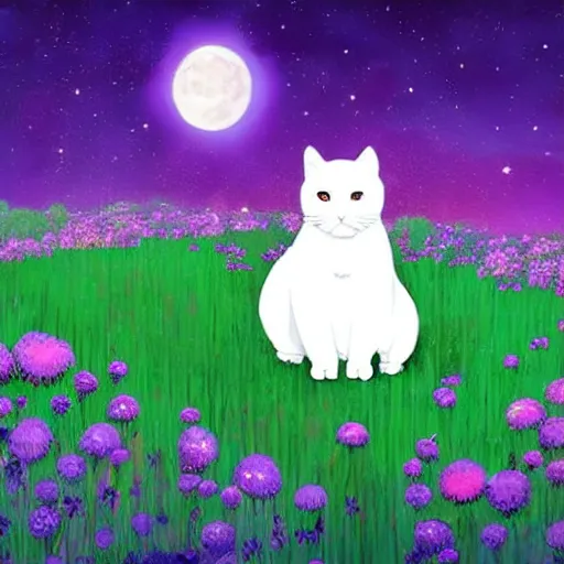 Prompt: little white cat sitting in a purple-colored extraterrestial garden at night. Green fireflies between the flowers. A large planet clearly visible in the sky. Style of Hayao Miyazaki. Cool colors. Soft moonlight.