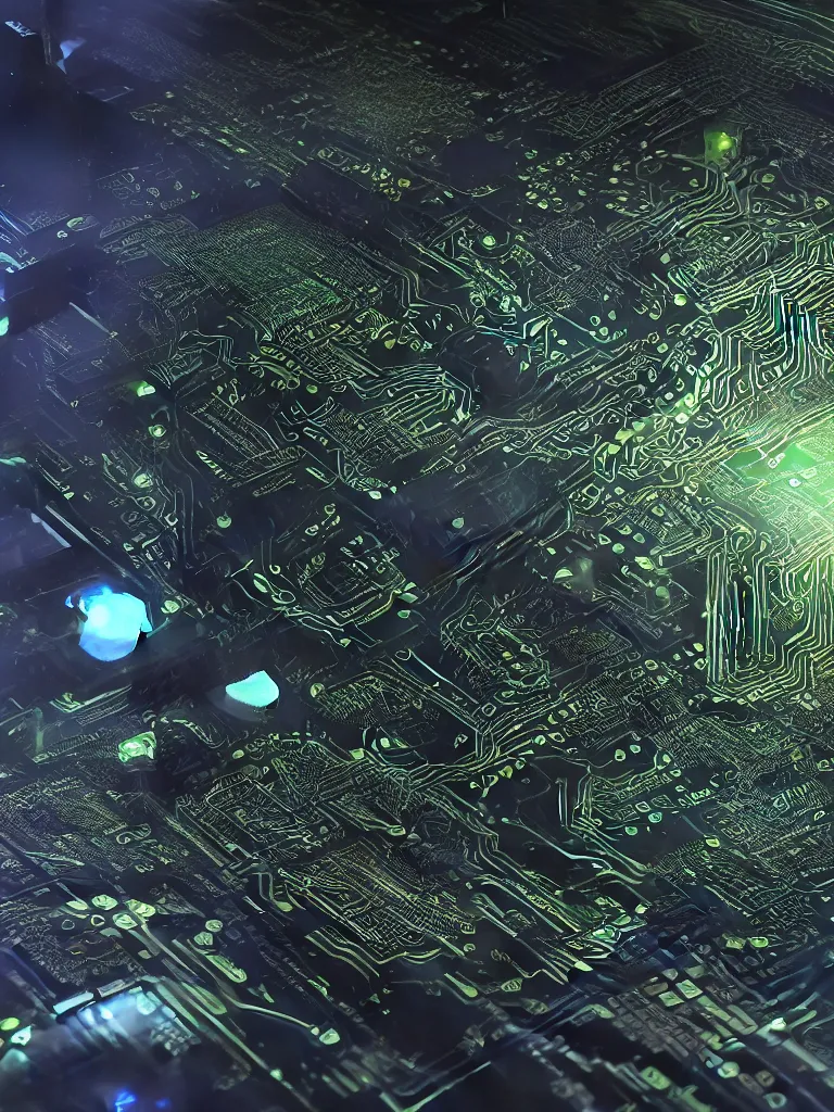 Image similar to big technology, intricate circuit board, cpu, bios chip, led, lcd display, integrated circuits, cmos, capacitors, intricate concept art matte painting, cyberspace, nature grotesque dark