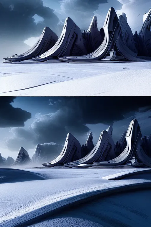 Prompt: zaha hadid buildings in the middle of a planet hoth star wars scene in the mountains, trending on artstation, cinematic matte painting, stormy weather, snow storm in the craggy dolomites, extreme detail photo quality, dark moody colors, featured on behance