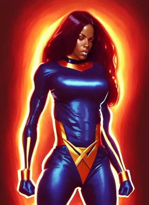 Image similar to full body portrait of marvel cinematic universe aaliyah haughton, x - men, jean grey, elegant, fire, phoenix, starfire, highly detailed!! digital painting, artstation, glamor pose, concept art, sharp focus, illustration, art by artgerm and greg rutkowski, artey freytag