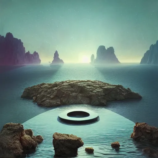 Prompt: Filip Hodas, minimalistic, hyperrealistic surrealism, award winning masterpiece with incredible details, epic stunning, infinity pool, a surreal vaporwave liminal space, highly detailed, trending on ArtStation, artgerm and greg rutkowski and alphonse mucha, daily deviation, IAMAG, broken giant marble head statue ruins, nightscape, milkyway