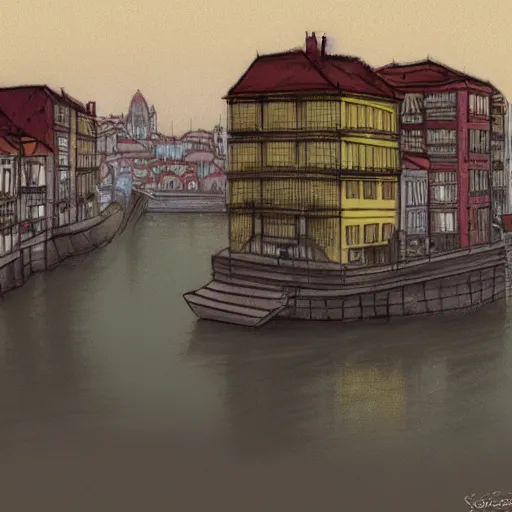 Prompt: city of oporto, concept art, pastel soft colors, in the style of robert hickox, oscar galvan
