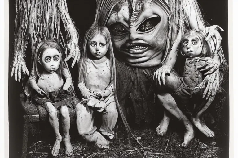 Image similar to studio portrait of a happy creepy mud family with big eyes by bob bottin, horror grotesque, realistic detailed photography 1 9 7 0's