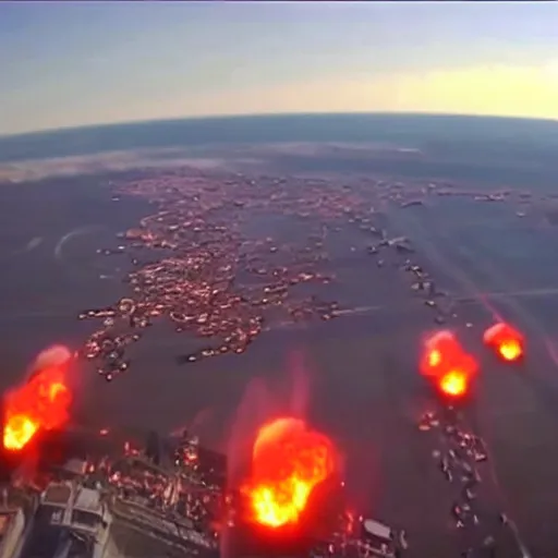 Image similar to atomic explosion, fireball, fireball explosion, 2 4 0 p footage, 2 0 0 6 youtube video, helicopter footage over city, fleeing crowds of people