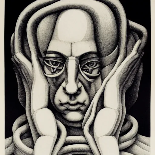 Image similar to white lithography on paper conceptual figurative ( post - morden ) monumental dynamic portrait drawn by hogarth and escher and francis bacon, inspired by goya, illusion surreal art, highly conceptual figurative art, intricate detailed illustration, controversial poster art, polish poster art, geometrical drawings, no blur