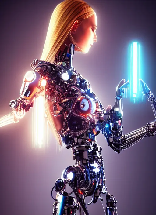 Image similar to photorealistic detailed full body picture of a female cyborg, pretty face with arms and legs, glamour pose, long hair, neon lights, humanoid, extreme, uhdr, book called the most influental cyborg in 2 0 5 0, fine details, highly detailed, intricate, smooth sharp focus, symmetrical features, environmental portrait, realistic render