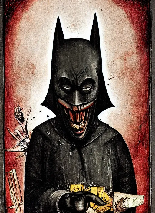 Prompt: The dark knight by Hieronymus Bosch, horror elements, horror theme, award winning