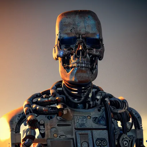 Image similar to portrait of a terminator with borg enhancements, gears are visible inside it's head, ultra detailed 8k. There is a dystopian city in the background. Rendered with unreal 5 engine with ray tracing and tessellation