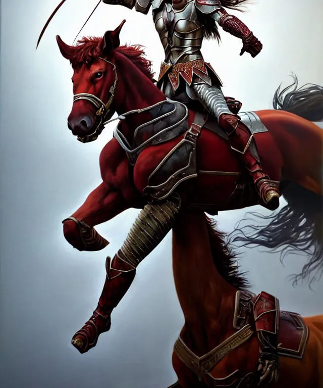 Image similar to hyperrealistic mixed media painting of a beautiful young female ranger, stunning 3d render inspired art by P. Craig Russell and Barry Windsor-Smith + perfect facial symmetry + dim volumetric lighting, dark red hair, pale skin, crimson leather armor, riding an armored warhorse, dizzy, full body, confident heroic pose, d&d, 8k octane beautifully detailed render, post-processing, extremely hyperdetailed, intricate, epic composition, grim yet sparkling atmosphere, cinematic lighting + masterpiece, trending on artstation, very very detailed, masterpiece, stunning