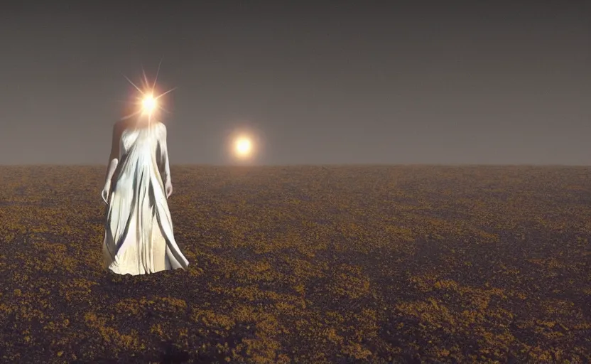 Prompt: levitating woman with fractal mirror dress with white flowers and golden mask inside a thick black smoke in rocky desert landscape, solar eclipse in the sky, burning earth by gaspar noe and christopher doyle, anamorphic lens, anamorphic lens flares, kodakchrome, cinematic composition, practical effects, award winning photo, 8 k