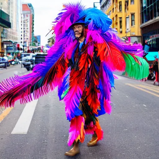 Image similar to a man made of colorful feather boas walking across the street